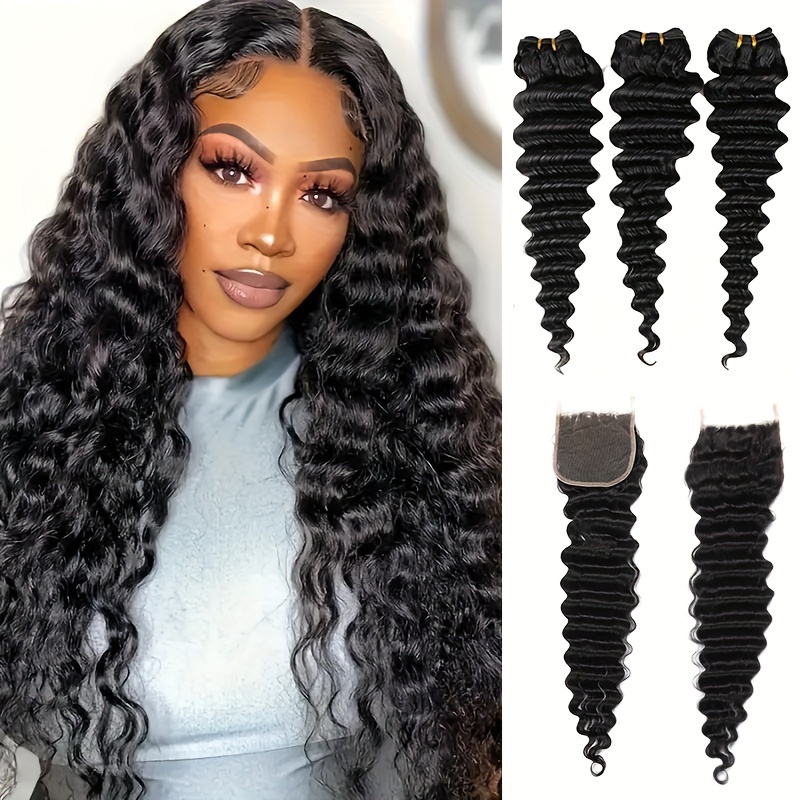 Deep Wave 3 Bundles With Closure - Brazilian Deep Wave Hair With Lace